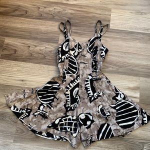 Vintage All That Jazz Print 3/4 Romper Short Jumpsuit OnePiece Sleeveless Summer